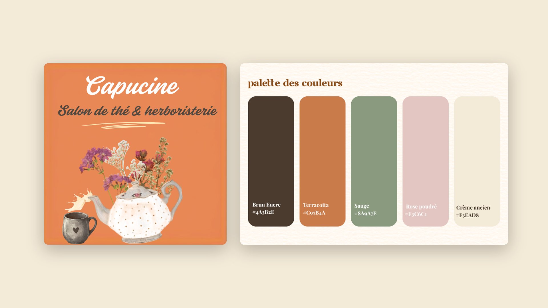 Le logo et la palette : terracotta, sauge, rose poudré et crème ancien