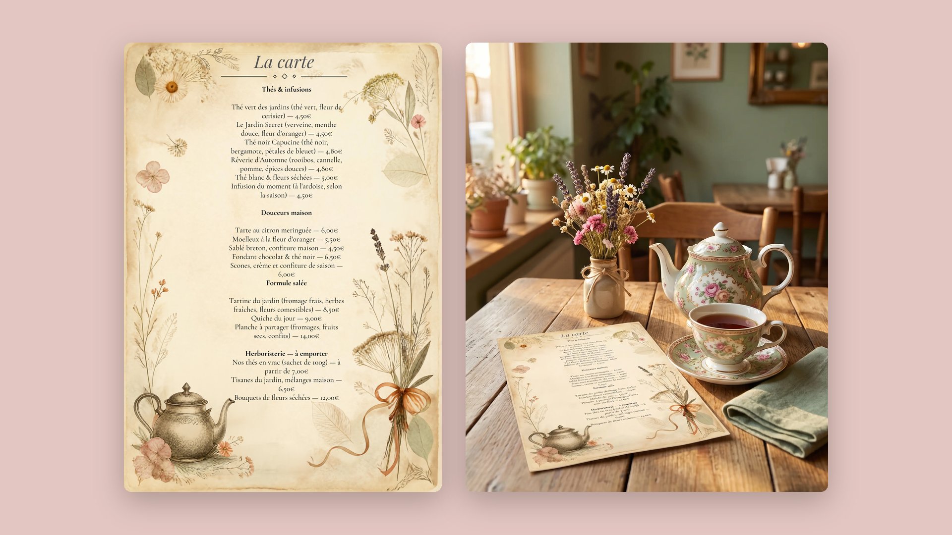 La carte : thés & infusions, douceurs maison, formule salée et herboristerie