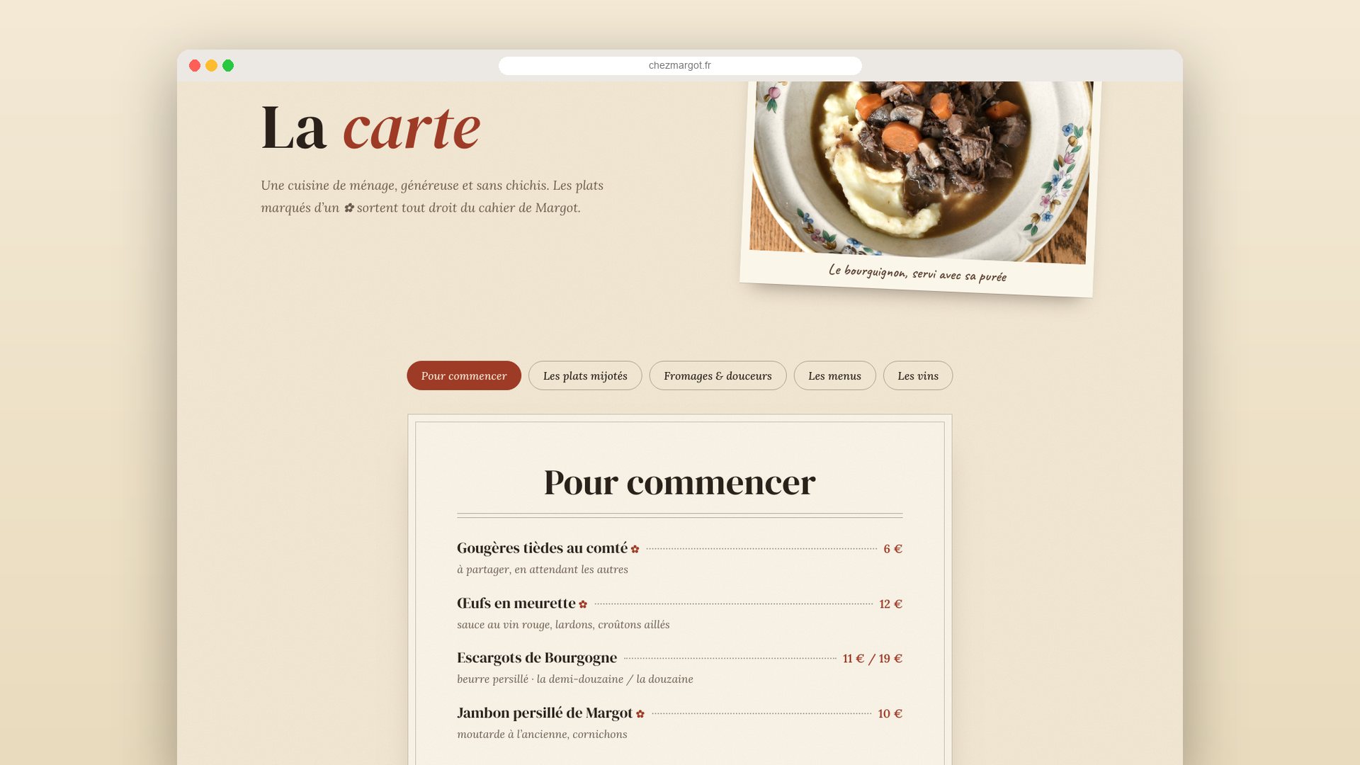La carte : entrées, plats mijotés, fromages & desserts, menus et vins, en onglets