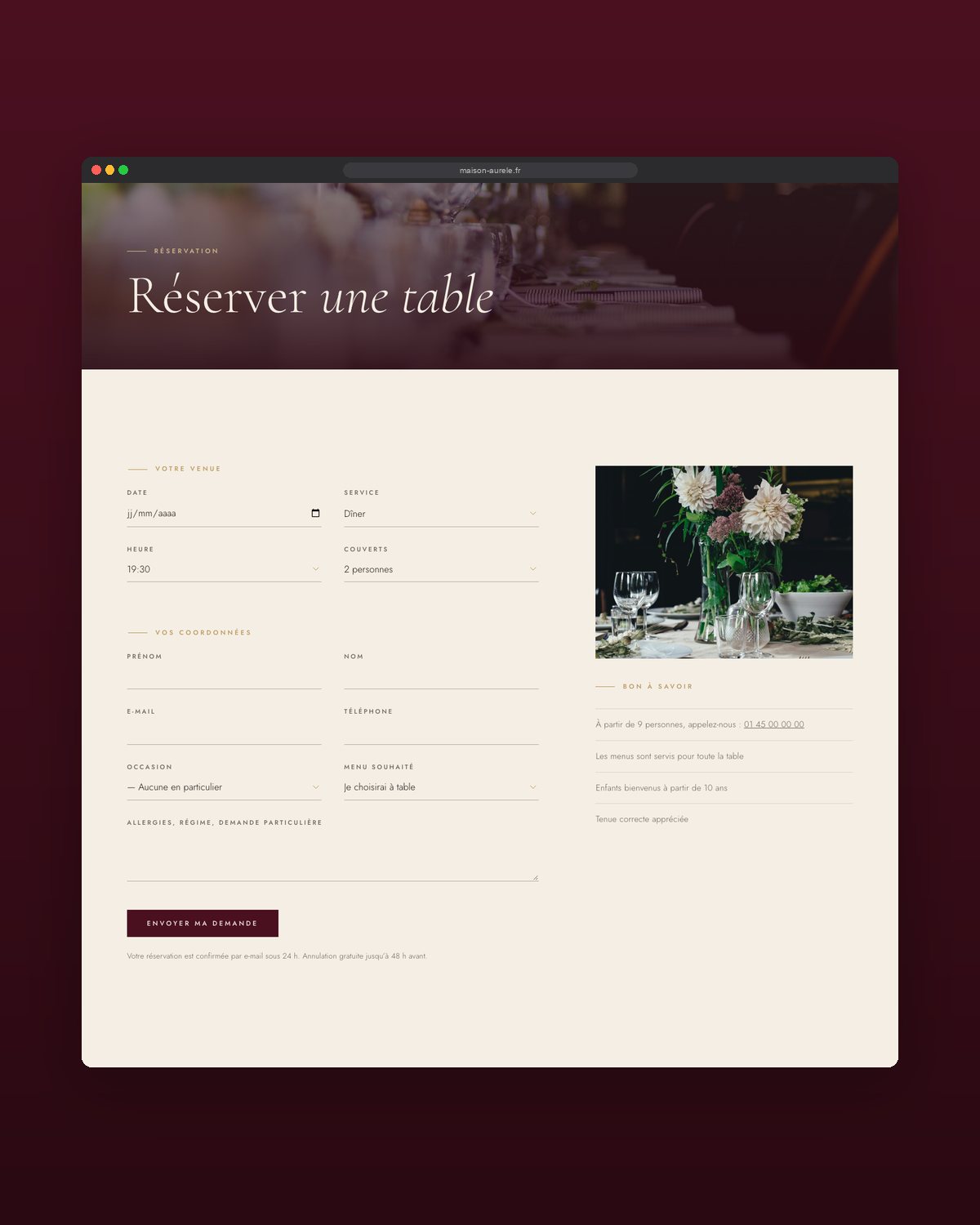 Réservation : date, service, couverts, occasion et allergies