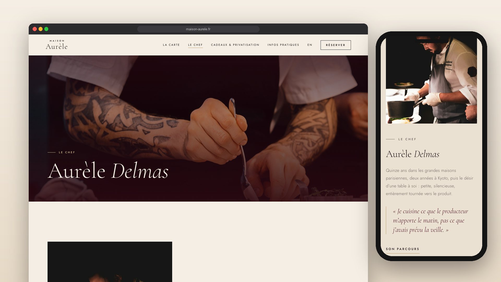 La page du chef : parcours, philosophie et producteurs