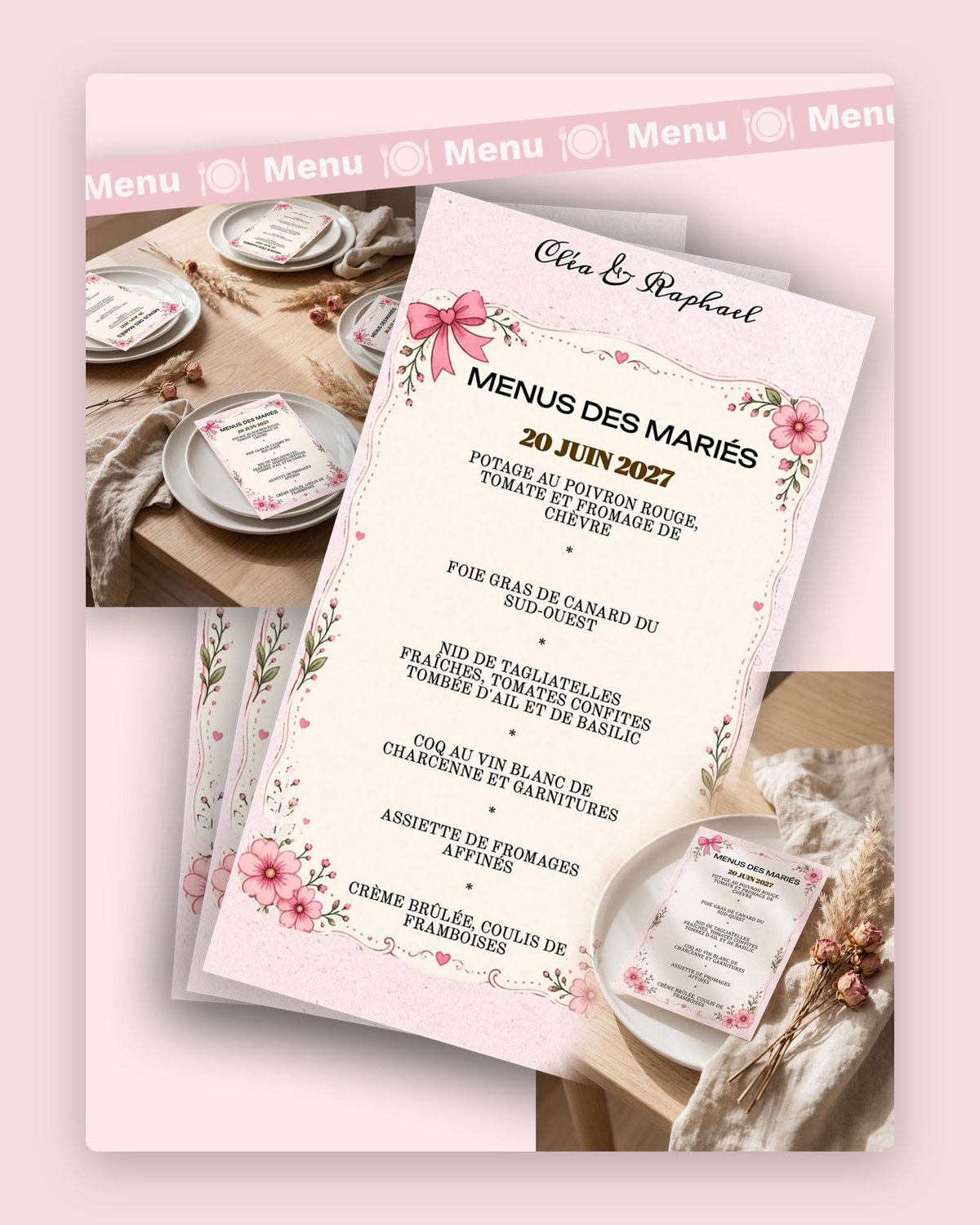 Le menu des mariés, dressé à table
